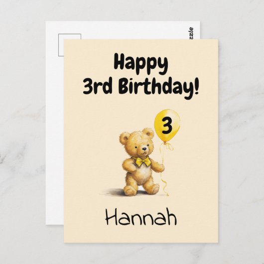 Happy 3rd Birthday, Personalized Teddy Bear Card, Postkarte (Vorne/Hinten)