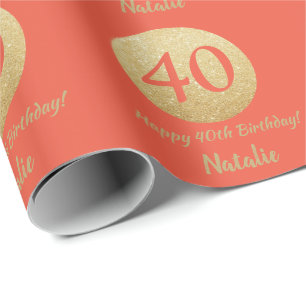 Happy 40. Geburtstag Coral Orange und Gold Glitzer Geschenkpapier