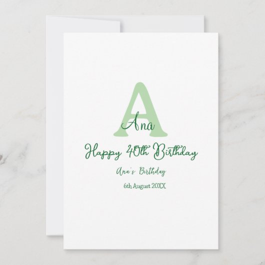 Happy 40. Geburtstag Grün hinzufügen Name monogram Einladung (Vorderseite)