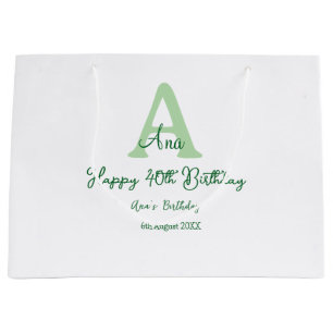 Happy 40. Geburtstag Grün hinzufügen Name monogram Große Geschenktüte