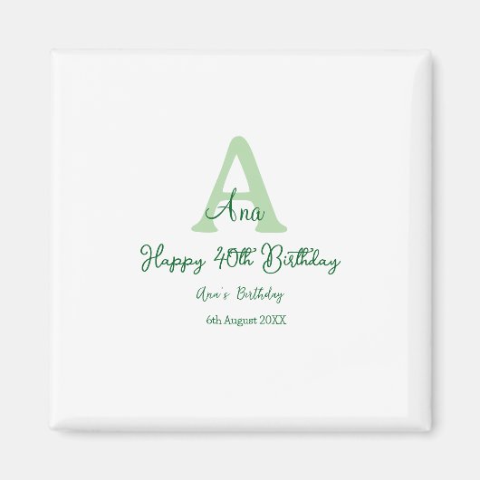 Happy 40. Geburtstag Grün hinzufügen Name monogram Magnet (Vorne)