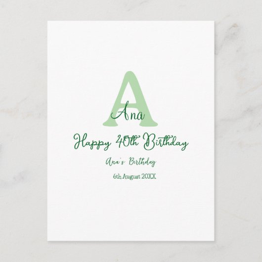 Happy 40. Geburtstag Grün hinzufügen Name monogram Postkarte (Vorderseite)