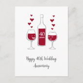 Happy 40. Wedding Anniversary Red Wine Heart Card Postkarte (Vorderseite)