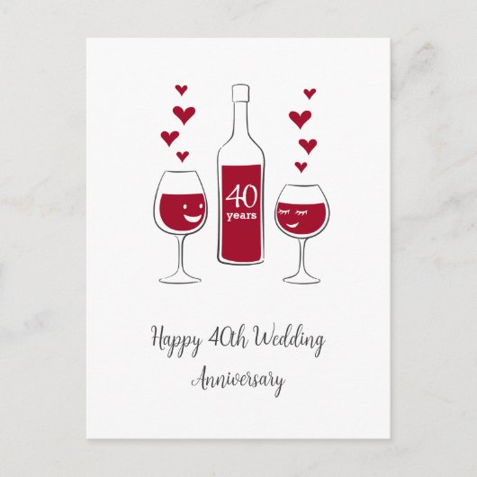 Happy 40. Wedding Anniversary Red Wine Heart Card Postkarte (Vorderseite)