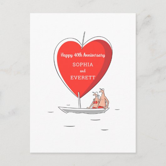 Happy 40. Wedding Anniversary Sailboat Heart Card Postkarte (Vorderseite)