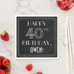 HAPPY 40TH BIRTHDAY; Art Deco Style; Custom Name Serviette<br><div class="desc">This elegant Roaring Twenties era inspired art deco look birthday themed paper napkin design has the message “HAPPY 40TH BIRTHDAY, ”, plus an editable recipient name. The number “40TH” has a fancy geometric lined styling, and there is also a lined border around the birthday greeting message. Stylish birthday themed paper...</div>