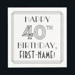 HAPPY 40TH BIRTHDAY; Art Deco Style; Custom Name Serviette<br><div class="desc">This stylish 1920s-1930s era inspired art deco look birthday paper napkin design has the message “HAPPY 40TH BIRTHDAY, ”, along with a personalized recipient name. The number “40TH” has a fancy geometric lined look, and there is also a lined border around the birthday greeting message. Birthday themed paper napkins like...</div>
