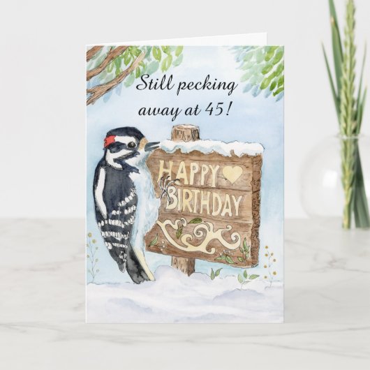 Happy 45th Birthday Downy Woodpecker Karte (Vorderseite)
