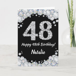 Happy 48. Geburtstagskarte Schwarz/Silber Glitzer  Karte