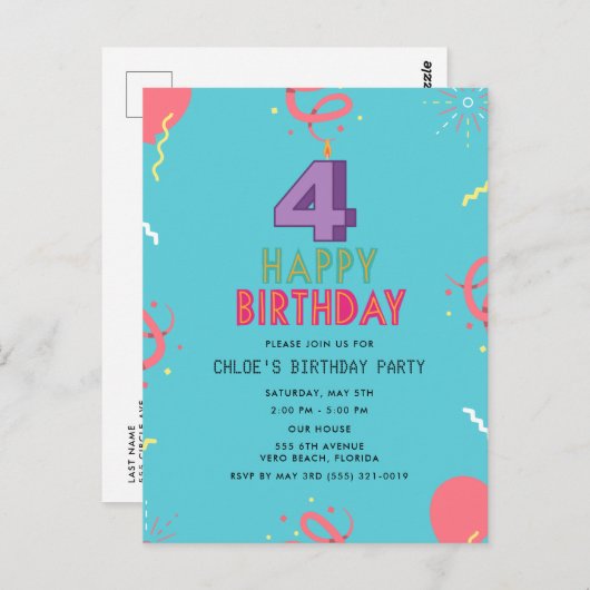 Happy 4. Geburtstag Kinder Party Postkarte (Vorne/Hinten)