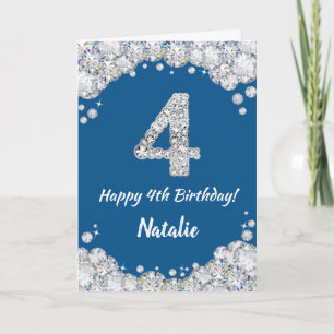 Happy 4th Birthday Blue and Silver Glitzer Card Karte