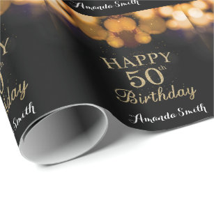 Happy 50. Geburtstag Black and Gold Glitzer Geschenkpapier