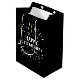 Happy 50. Geburtstag Feuerwerk Schwarz-weiß Gold Mittlere Geschenktüte