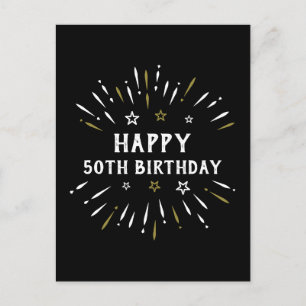 Happy 50. Geburtstag Feuerwerk Schwarz-weiß Gold Postkarte