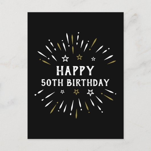 Happy 50. Geburtstag Feuerwerk Schwarz-weiß Gold Postkarte (Vorderseite)