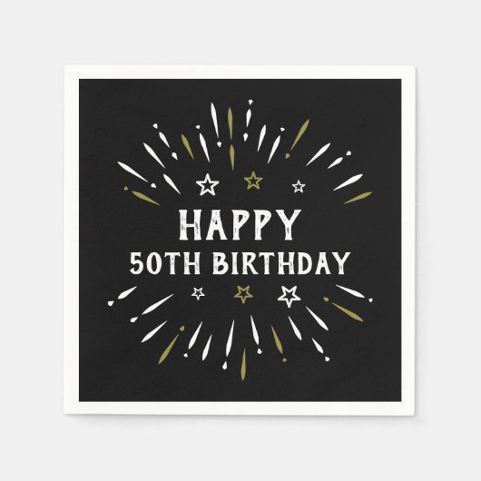 Happy 50. Geburtstag Feuerwerk Schwarz-weiß Gold Serviette (Vorderseite)