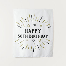 Happy 50. Geburtstag Feuerwerk White Black Gold Wandteppich