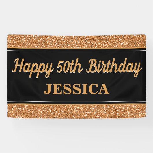 Happy 50. Geburtstag Gold Glitzer Black Banner (Horizontal)