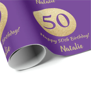 Happy 50. Geburtstag Lila und Gold Glitzer Geschenkpapier