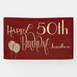Happy 50. Geburtstag Name Gold Text Burgundy Banner