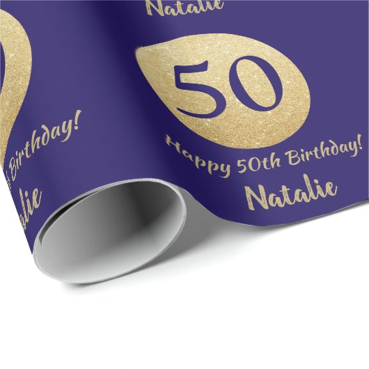 Happy 50. Geburtstag Navy Blue und Gold Glitzer Geschenkpapier (Rolleneckpunkt)