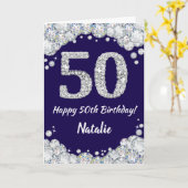Happy 50. Geburtstag Navy Blue und Silver Glitzer Karte (Gelbe Blume)