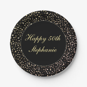 Happy 50. Geburtstag Sparkle Confetti Black Gold Pappteller
