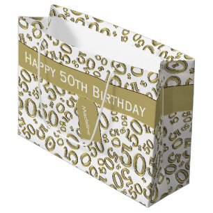 Happy 50. Geburtstag Zahlenmuster Gold/Weiß Große Geschenktüte