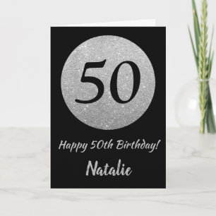 Happy 50. Geburtstagskarte Schwarz/Silber Glitzer Karte