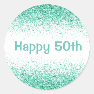 Happy 50. Glam Green Glitzer Elegante Typografie Runder Aufkleber