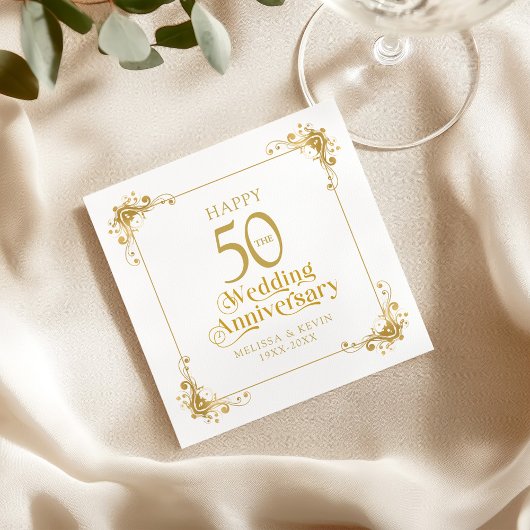 Happy 50. Wedding Anniversary Gold Frame Serviette