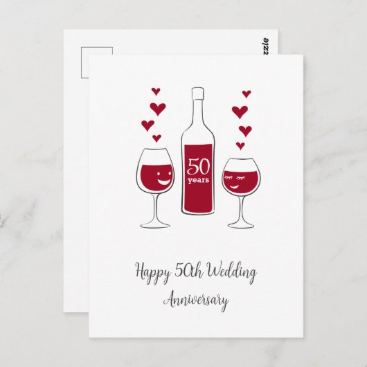Happy 50. Wedding Anniversary Red Wine Heart Card Postkarte (Vorne/Hinten)
