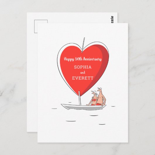 Happy 50. Wedding Anniversary Sailboat Heart Card Postkarte (Vorne/Hinten)