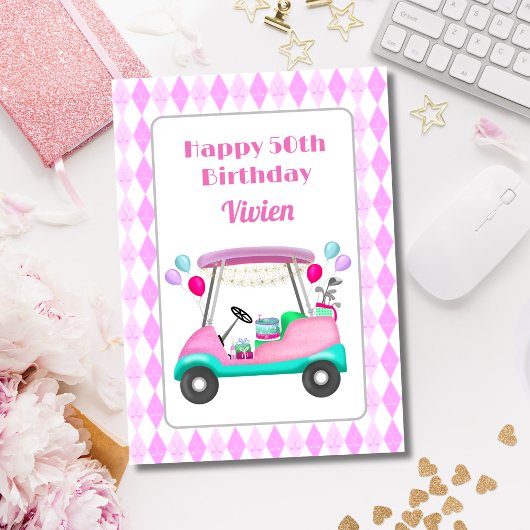 Happy 50. Women's Golf Party Cart Birthday Karte