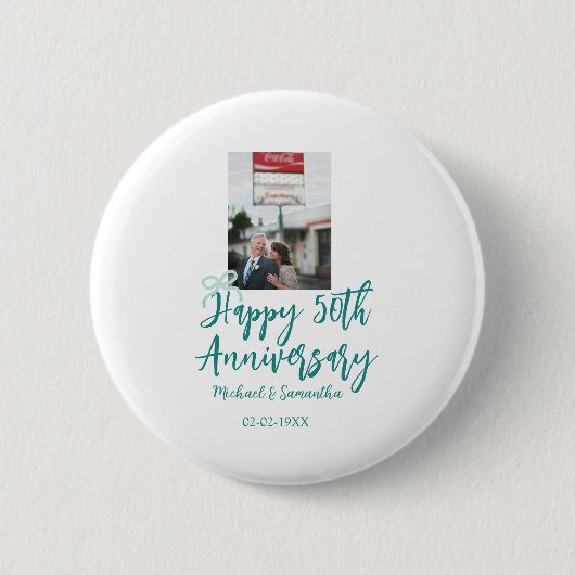 Happy 50th anniversary photo turquoise bow name da button (Vorderseite)