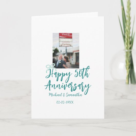 Happy 50th anniversary photo turquoise bow name da karte (Vorderseite)