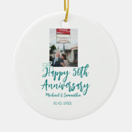 Happy 50th anniversary photo turquoise bow name da keramik ornament