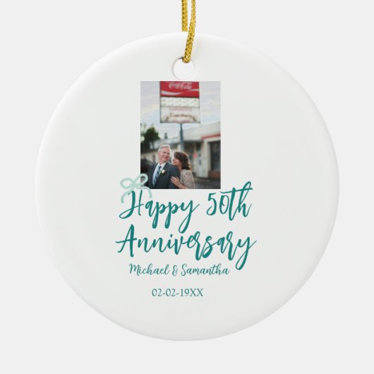Happy 50th anniversary photo turquoise bow name da keramik ornament (Vorne)