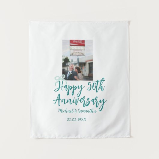 Happy 50th anniversary photo turquoise bow name da wandteppich (Vorderseite)