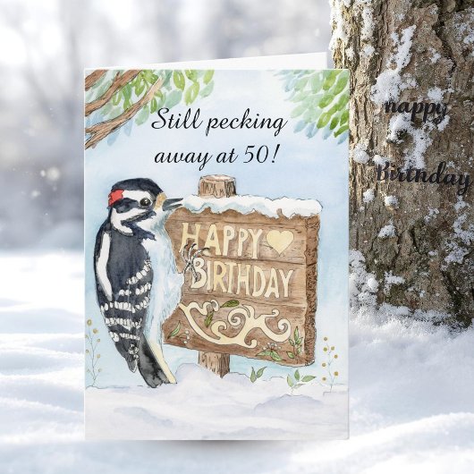 Happy 50th Birthday Downy Woodpecker Karte
