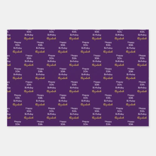 Happy 50th Birthday Gold Name Script Dark Purple Geschenkpapier Set (Vorderseite 2)