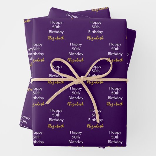 Happy 50th Birthday Gold Name Script Dark Purple Geschenkpapier Set (Beispiel)