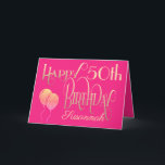 Happy 50th Birthday Name Dekorative Skript Gold Karte<br><div class="desc">Ein Design von eleganter Typografie in Gold auf einem heißen rosa Hintergrund, um einen glücklichen 50. Geburtstag wünschen. Glücklich Geburtstag ist Set in einem verzierten Skript, und das Alter ist in einer koordinierenden Schrift mit dem Namen in Skript am unteren Rand. Personalisieren Sie den Namen und die Wörter ganz einfach...</div>