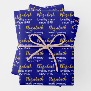 Happy 50th Birthday Name Gold White und Navy Blue Geschenkpapier Set