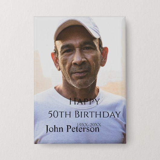 Happy 50th birthday name photo year man simple min button (Vorderseite)