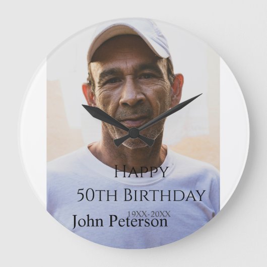 Happy 50th birthday name photo year man simple min große wanduhr (Vorderseite)