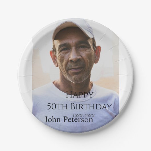 Happy 50th birthday name photo year man simple min pappteller (Vorderseite)