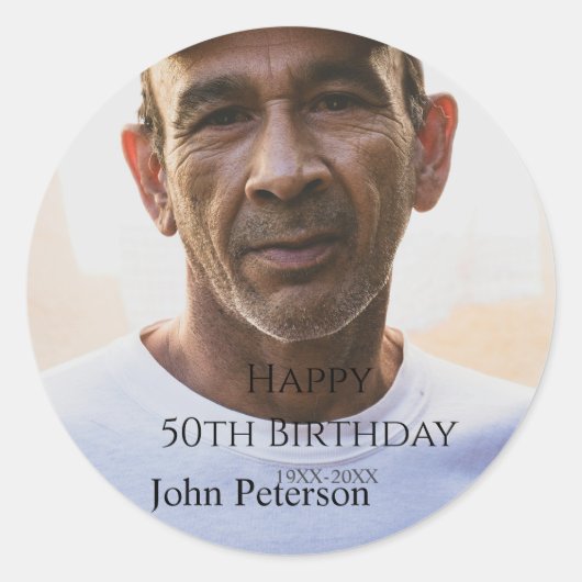 Happy 50th birthday name photo year man simple min runder aufkleber (Vorderseite)