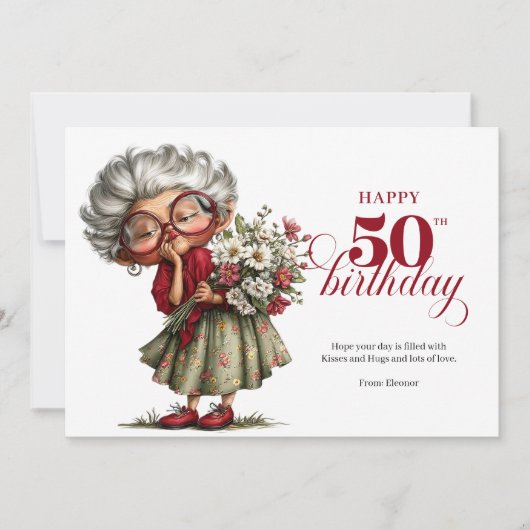 Happy 50th quirky woman card fun whimsical humor einladung (Vorderseite)