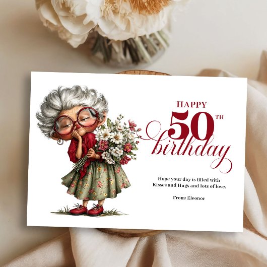 Happy 50th quirky woman card fun whimsical humor einladung